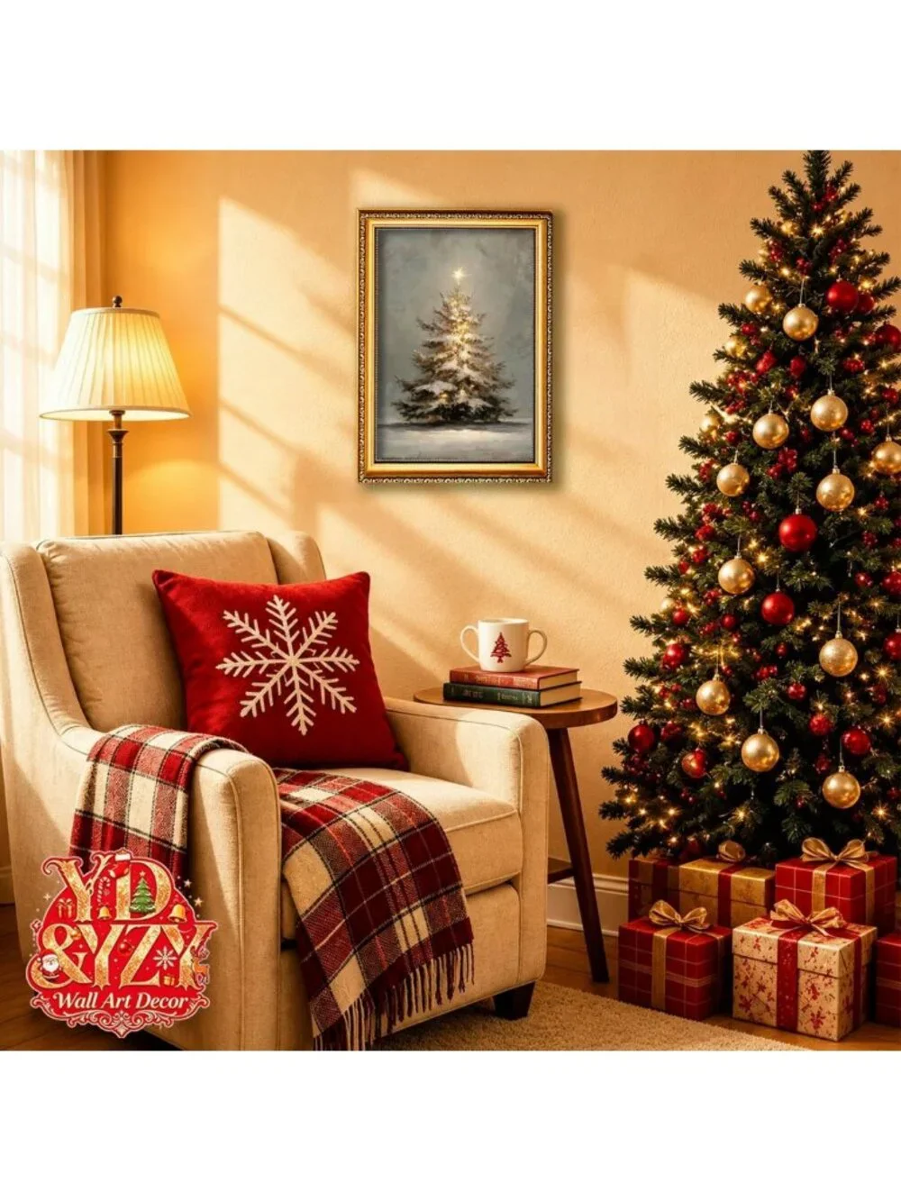 Vintage Snowy Christmas Tree Wall Art, 16x24 Inch Gold Framed Decor